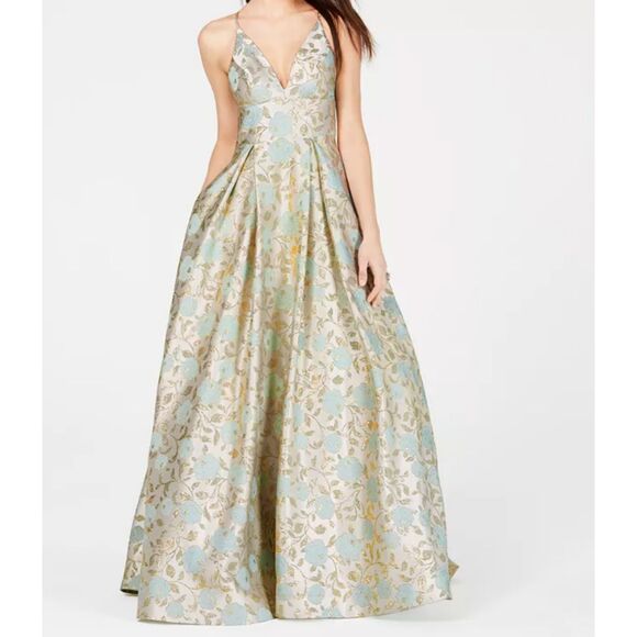 B Darlin Formal Dress Prom Size 9/10 Ivory/Blue Floral with Gold Princess‎ Style - Picture 1 of 9